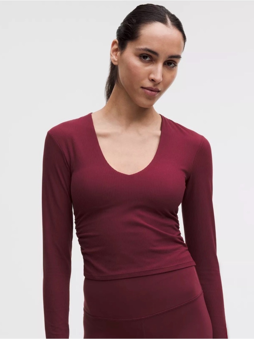Lululemon All It Takes V-Neck Long Sleeve Ribbed Nulu Top Size 6 Burgundy NWT